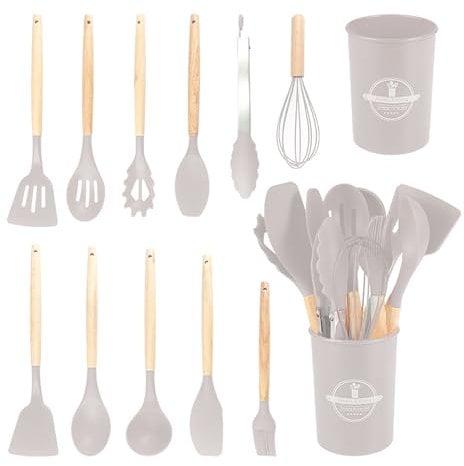 Kitchen Utensils Set 12 Pcs Silicone Cooking Utensils, Natural Wooden Handles Cooking Tools Spatula Spoon Set, Silicone Kitchen Gadgets Utensil Set (Khaki)