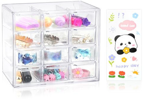 Acryl Desktop Aufbewahrungsbox, Mini Handwerk Schublade Schrank mit 12 Schubladen, Transparente Aufbewahrung Organizer mit Sticker für Schreibwaren Kosmetik Schmuck Zubehör (12 Schubladen)