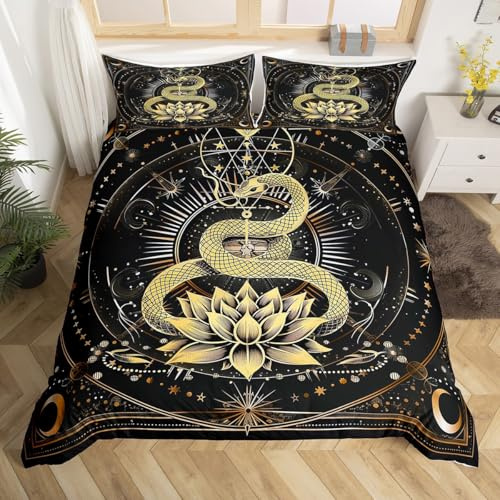 Lotus and Snake Bedding Set,Boho Sun Moon Comforter Cover Set for Teens Women Room Decor,Mysterious Starry Sky Duvet Cover Breathable Golden Bedspread Cover Double Size(No Comforter)