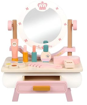 Rebecca Mobili Spiel Make Up Tisch Schminktisch Spielzeug aus Holz, mit Zubehör, für Kinder von 3 4 5 Jahren, Geschenkidee für Kinder - Maße HxBxT: 36 x 29,5 x 18 cm - Art. KR9015