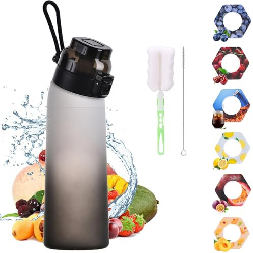 Howoatin Gourde avec Goût 700 ml, Bouteille d'air, Gourde Pods Saveur Bouteille avec Brosse, Gourde Sport Paille avec 6 Air Gourde Pods Saveur, Kit de Démarrage pour Bouteille d'air (black)