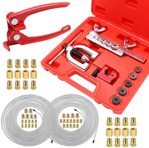 Eoppen Kit tubo freno in lega di zinco rivestito da 7,6 m 3/16 + 1/4 (include 48 raccordi e 8 giunzioni) con curvatubi e kit di attrezzi per svasatura doppia e singola