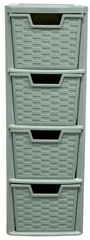 SIDSONS Small Rattan Effect Sage Green |4 Drawer Storage Tower Unit| A5 Size Desktop Tabletop Office Home School Organizer For Stationary Cosmetic Jewellery Organiser 62cm (H) x 25cm (D) x 19cm (W)