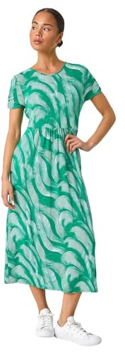 Roman Midi Dress with Pockets for Women UK Ladies Stretchy Jersey Maxi Long Short Sleeve Elasticated Gathered High Waist Boho Flattering Skater Swing Fit Flare - Petite Swirl Green - Size 14