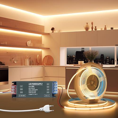 BRIMETI Ruban LED 5M 12V COB Autocollant Bande LED Blanc Chaud 3000K Flexible Découpable 320LED/M Largeur 8mm, Avec Transformateur 220V 12V 100W et Alimentation avec Fiche,pour Maison Chambre Miroir