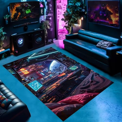 PEIHUODAN Cyber Game Teppiche, Moderne Technologie Visuelle Dekorative Teppiche Für Teenager Jungen Schlafzimmer Spielzimmer Bodenmatte, Cool Punk Atmosphäre Teppich Für Wohnzimmer (Farbe 3,50x80cm)