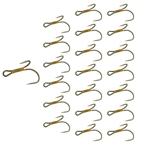 Lot de 20 hameçons de pêche doubles en acier au carbone doré Barbelé Crochets de pêche au sandre Lot de 20, plusieurs tailles robustes (4#)
