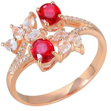 Skcess 18 Karat Roségold Ring Damen Rot Rubin Oval, Ringe Damen 4-Krappen-Oval mit 0,65 Karat Rubin, Diamant und Saphir Ring Damen Größe 66 (21.0)