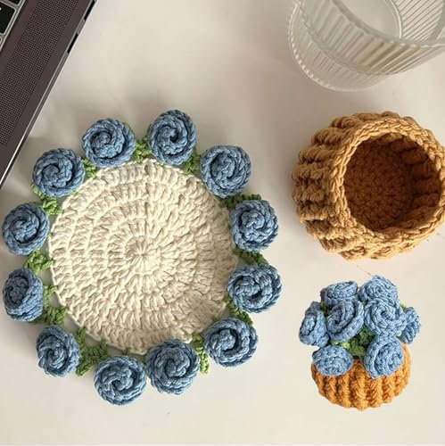 Blumen-Untersetzer, gehäkelt, handgefertigt, gehäkelter Blumenstrauß, Vintage-Kaffeetassenuntersetzer, 3D-Untersetzer, Bar-Untersetzer für Getränke (7,8 cm großes blaues Material-Topf-Set
