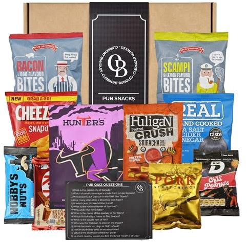 Pub Snacks Hamper Gift Set - Savoury Snacks Box Includes 11 Bar Snacks Savoury, Pork scratchings, Nuts, Crisps, Beef Jerky, Quiz Card and Much More. Pub Treats Box & Snack Gifts