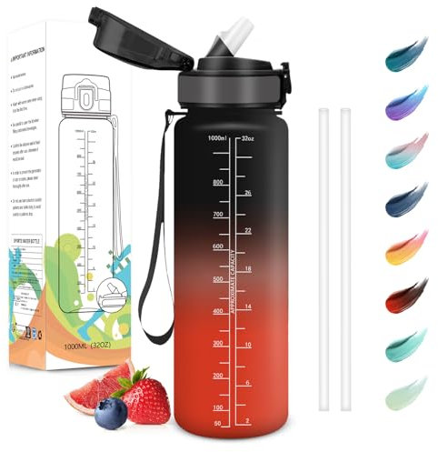 Motswedi Gourde Sport, 1000ml Anti-Fuite, Gourde avec Paille, sans BPA, Gourde Paille, Réutilisable, Gourde, Facile à Transporter, Bouteille d'eau pour Yoga, Camping, Cyclisme, Fitness, Noir Rouge