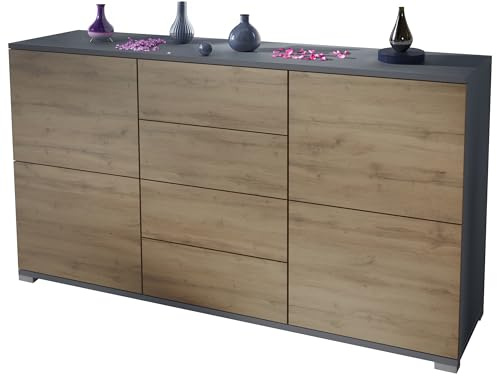 Vladon Sideboard Rova V1, Kommode mit 4 Türen und 4 Schubladen, Anthrazit matt/Eiche Evoke (138,5 x 75,5 x 35)
