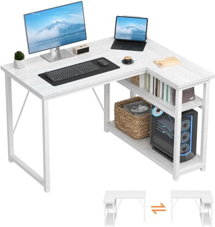 TRIUMPHKEY Scrivania ad Angolo Reversibile 100 x 80cm, Scrivania a Forma di L con Ripiani,Tavolo da Lavoro,Struttura in Acciaio, per Computer, Ufficio, Studio and Soggiorno, Marrone rustico