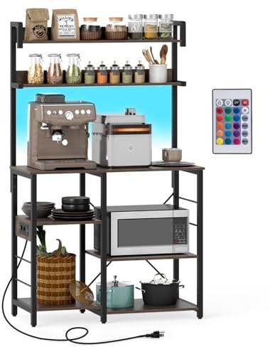 COSTWAY Küchenregal, Standregal mit LED-Beleuchtung, Steckdosen & Ablagen, Mikrowellenregal stehend, Bäckerregal für Küchen Esszimmer Wohnzimmer, Aufbewahrungsregal vintagebraun, 90 x 40,5 x 147 cm