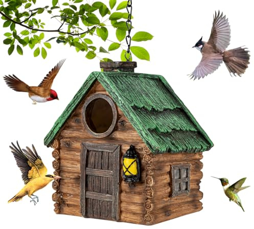 GLOPHOK Vogelhaus für den Außenbereich, Kunstharz-Himmelhaus für den Außenbereich, Finken, Kardinäle und gelbe Finken, Wildvogel-Nisten, 5 Jahre, wetterfest, dekorativer Stein, hängendes Vogelhaus für