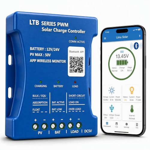 【30 A Bluetooth-Solar-Laderegler】30 A Solarregler PV max. 50 V 12 V/24 V Solarregler PWM für Blei-Säure-, LiFePO4- und Lithium-Batterien