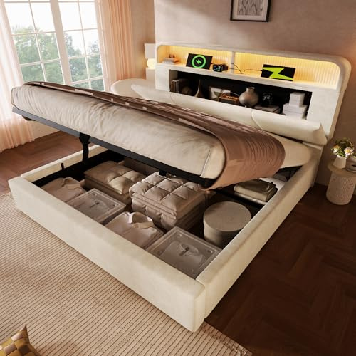 DEKKETO Boxspringbett 140x200 mit LED, 3 USB, 1 Tpy C, Beige, ohne Matratze | Polsterbett, Leinenstoff, hydraulischer Hebemechanismus, Kopfteilablage, Holzlattenrost, Metall-Holzrahmen, bis 250kg