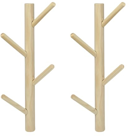 Rebanky 2 Pezzi Appendiabiti ad Albero da Parete Verticale, 8 Ganci,in Pino | Attaccapanni a Muro Verticale in legno di Pino da 40 cm per Cappotti, Cappelli, Borse, Ingresso e Ufficio