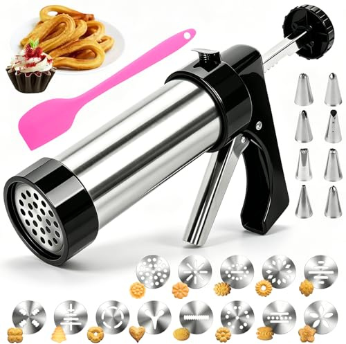 YIYICO Pressa per Biscotti Sparabiscotti Spara Biscotti Macchina Biscotto | Pistola Biscotto Professionale in Acciaio Inox con 13 Stencil e 8 Beccucci Decorativa per Siringa Dolci Frolla