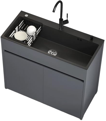68/80 cm Évier Inox indépendant 1 Bac avec Robinet Chaud/Froid, Évier de Cuisine Commercial avec Armoire de Rangement et Panier Égouttoir pour Usage Intérieur, Extérieur