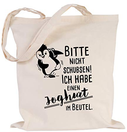 JUNIWORDS Jutebeutel - Wähle eine Farbe - Bitte nicht schubsen! (Pinguin) Ich habe einen Joghurt im Beutel (Beutel: Natur, Text: Schwarz)