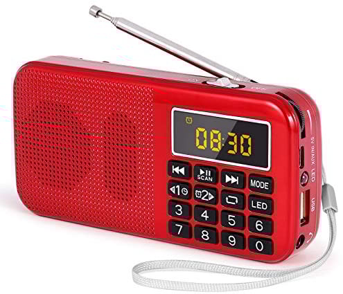 PRUNUS J-725 FM Radio Portatil Pequeña, Radio Digital Reloj Despertador, Radio Bateria Recargable de 3000mAh, Reproductor de AUX/USB/SD con Altavoz de 3W, Radio USB Portatil con Linterna LED(Rojo)