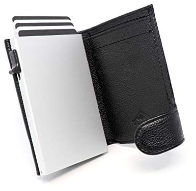 Stealth Wallet - Smart Minimalist Card Holders - RFID/NFC Blocking Pop Up Wallets with Gift Box - Credit Cards Holder & Contactless Protection (Silver Aluminium with Black Leather and Coin Pocket)