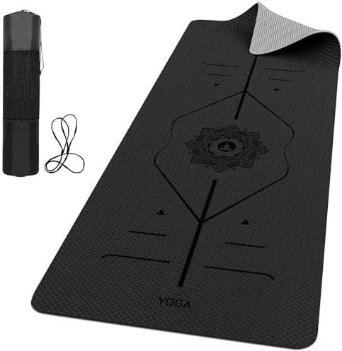 ROMIX Pro Yogamatte 6 mm mit Ausrichtungslinien, Rutschfest, 183 x 61 cm | Leicht, Schweißresistent, mit Tragetasche und Gurt für Yoga, Pilates, Gymnastik, Heimfitness, Damen und Herren, für Zuhause