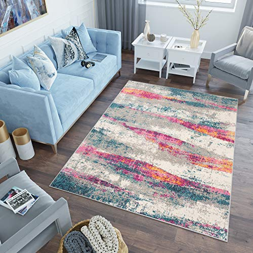TAPISO Lazur Teppich Kurzflor Grau Blau Creme Orange Wellen 300 x 400 cm | Verwischt Meliert Wohnzimmer Schlafzimmer Modern Design OEKO-TEX