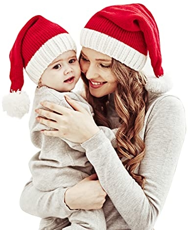 Familie passende Weihnachtsmütze Mutter & Baby Strickmütze Weihnachten Eltern-Kind Pom Pom Beanie Mütze Winterwärmer Santaa Mützen Häkeln Rot