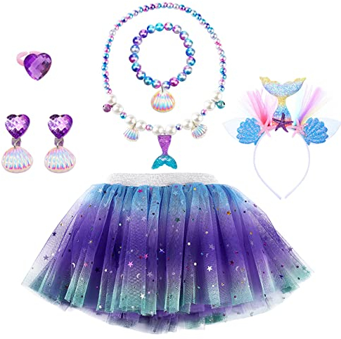 GEEKEO Meerjungfrau Kostüm Mädchen mit Haarreif Halskette Armband Ohrringe Ring Schmuck Kinder Cosplay,Tutu Tüllrock Prinzessin Kleid Ballettrock für Karneval Geburtstag Party