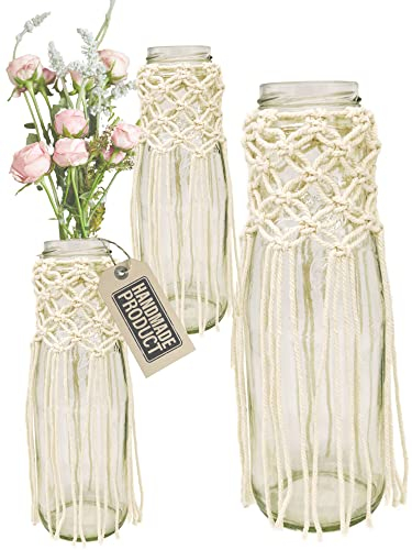 hochzeitsMONSTER - Vase Makramee Cover - 3 Stück - ohne Glas - der Flexible Überzug verwandelt Dein Altglas in nachhaltige Hochzeitsdeko - Boho Style Vasen Hochzeit Tischdeko für Trockenblumen