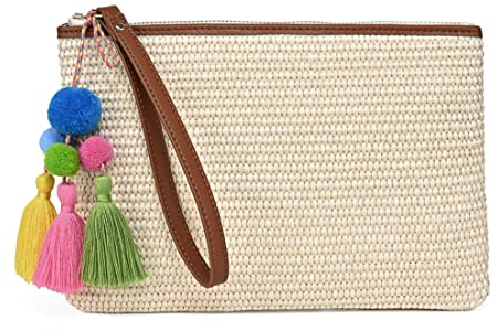 Masien Rauder Luxury Straw Wristlet Pouch Beach Clutch Bag Small Summer Vacation Purse w. Colorful Pom Poms Tassels for Women, Beige