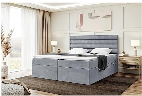MEBLINI Boxspringbett mit Bettkasten - Gepolstert Doppelbett mit Matratze und Topper - Polsterbett mit Stauraum - Bett mit Kopfteil - Stauraumbett - Karim - 180x200 - H4/Grau Samt