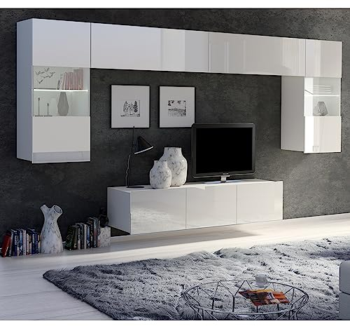 Lomadox Wohnwand Anbauwand weiß Hochglanz 5-teilig Modern, mit 1 TV-Lowboard, 2 Hängevitrinen mit Beleuchtung, 2 horizontale Hängeschränke