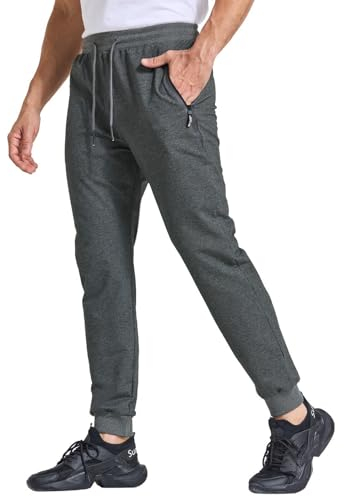 JustSun Jogginghose Herren Sporthose Trainingshose Herren Lang Freizeithose Baumwolle Fitness Hosen mit Reißverschlusstaschen Dunkelgrau L