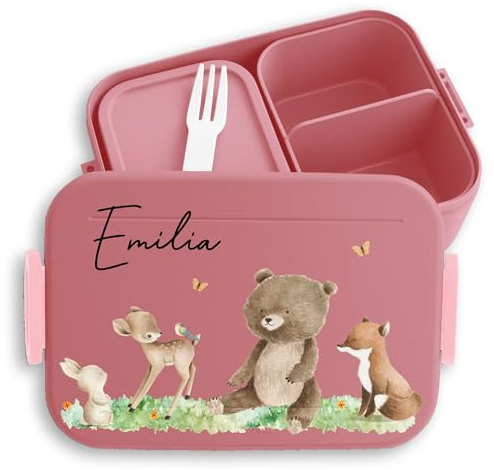 Kinder Bento Box Midi für Mepal Bentobox - Lunchbox Waldtiere Brotbox Tiere Wald Tier Hase I Reh I Bär I Fuchs - 900 ml - Rosa - frühstücksbox krippe brotdose mädchen kindergarten tieren name