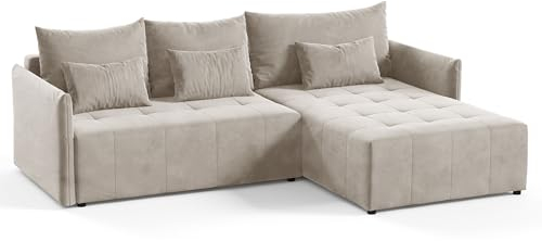 Ecksofa Leno L mit Schlaffunktion und Bettkasten - L-Form Couch, Polstersofa, Schlafsofa, Sofagarnitur - Velours Stoff (Beige (Paros 02))