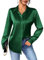 Zeagoo Womens Blouse Satin Elegant V Neck Long Sleeve Shirt Button Down Business Blouse Casual Ladies Office Work Solid Tops for Women Green L