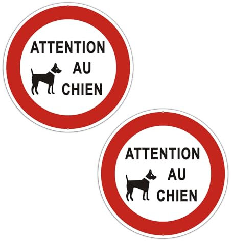 2pcs Panneau de signalisation pour chien Panneaux de sécurité our chien Panneau d'avertissement en aluminium, taille Ø295 mm (Rouge+Blanc- Attention au chien)