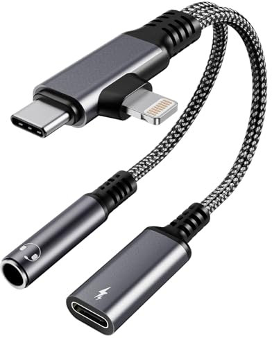 3.5mm Kopfhörer Adapter und Laden 2 in 1 mit USB C & Lightning für iPhone 16 15 14 - iPhone Adapter Kopfhörer und 60W PD Schnellladung Gleichzeitig, mit Telefonie-Funktion für Android iPad MacBook