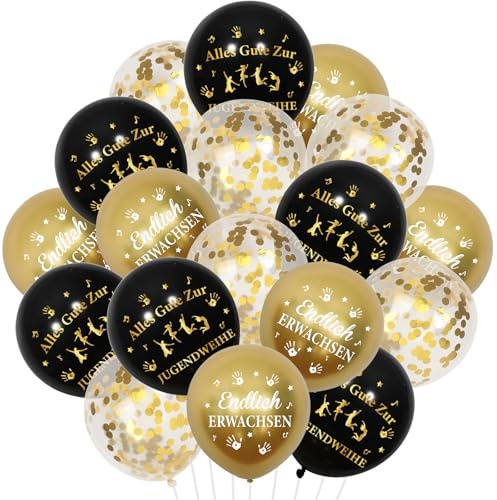 Kreatwow Jugendweihe Deko 36 StüCk Jugendweihe Luftballons Endlich Erwachsen Party Dekoration Schwarz Gold Alles Gute Zur Jugendweihe Deko Latexballon für Junge MäDchen Youth Consecration Party