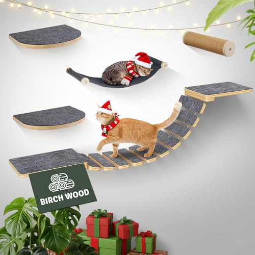 Kletterwand Katzen Set mit Katzenbett und Katzentreppe, Katzenmöbel aus Holz, Katzen Wandelemente Multifunktional zum Schlafen, Spielen und Klettern