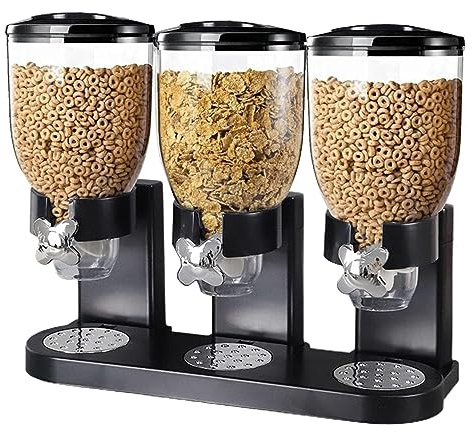 Livhome Triple Cereal Dispenser 3 x 2L Dry Food Storage Container with Portion Control, Airtight Kitchen Canister for Cereal, Granola, Nuts, Beans & Snacks Black
