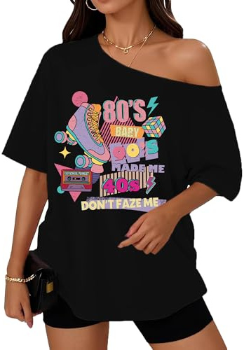 Cutesong 80s Shirt Women 1980s Retro Off Shoulder 80s Disco Party Outfit | Off-shoulder 80s tee with Take Me Back to the 80's print, disco & cassette details, great for retro parties or casual wear.