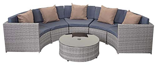 Mendler Poly-Rattan Garnitur rund HWC-E17, Garten-Set Sitzgruppe - grau, Polster dunkelgrau, Kissen beige