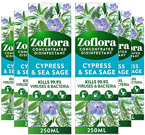 Zoflora Cypress & Sea Sage 6pc x 250ml, Concentrated 3-in-1 Multipurpose Disinfectant (Packaging May Vary) Kills 99.9% of Bacteria & Viruses