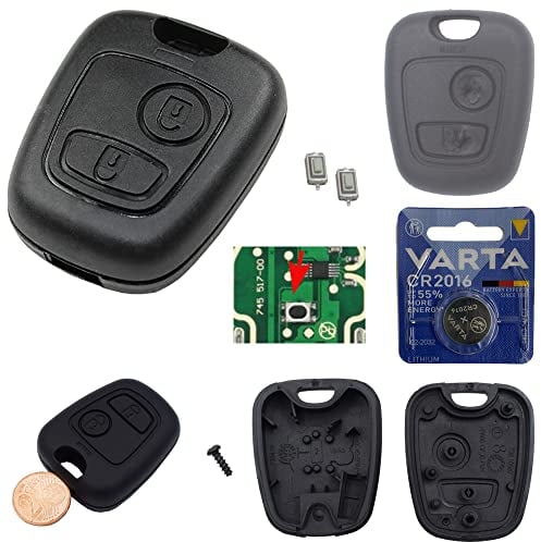 Repair Reparatur Satz Auto Schlüssel Austausch Gehäuse mit 2 Tasten + Drucktasten + Batterie kompatibel für Peugeot 107 207 307 406 308 Citroen C4 C1 C2 C3