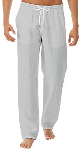 Meilily Herren Leinenhose Straight Leinen Hosen Sommer Yoga Chino Hose Lange Fitnesshose Jogginghose Männer Trainingshose Sporthose Sweatpants Arbeitshose Trekking Gym Jogger Laufen Sports Pants Weiß