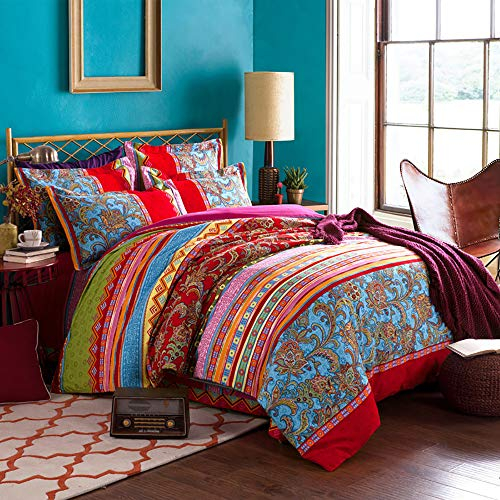 Lanqinglv Bohemian Bettwäsche 200x220 cm 3 Teilig Boho Rot Blau Mandala Böhmisch Wendebettwäsche Set Bunt Vintage Bettbezüge mit Reißverschluss und Kissenbezug 80x80cm